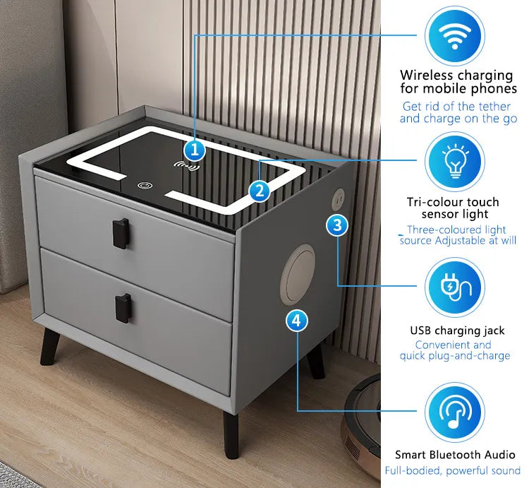 Smart Bedside Table with Wireless charging,inbuilt speaker