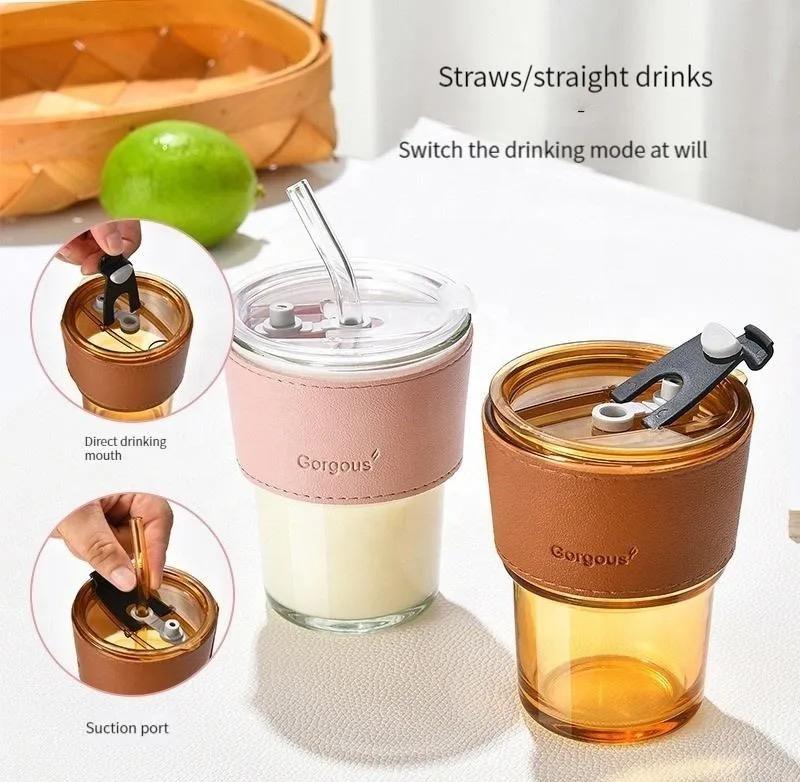 2pcs Glass Drinking Cups with lid & straw
