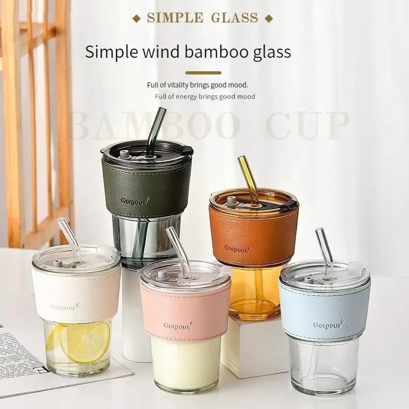 2pcs Glass Drinking Cups with lid & straw