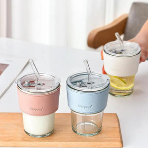 2pcs Glass Drinking Cups with lid & straw